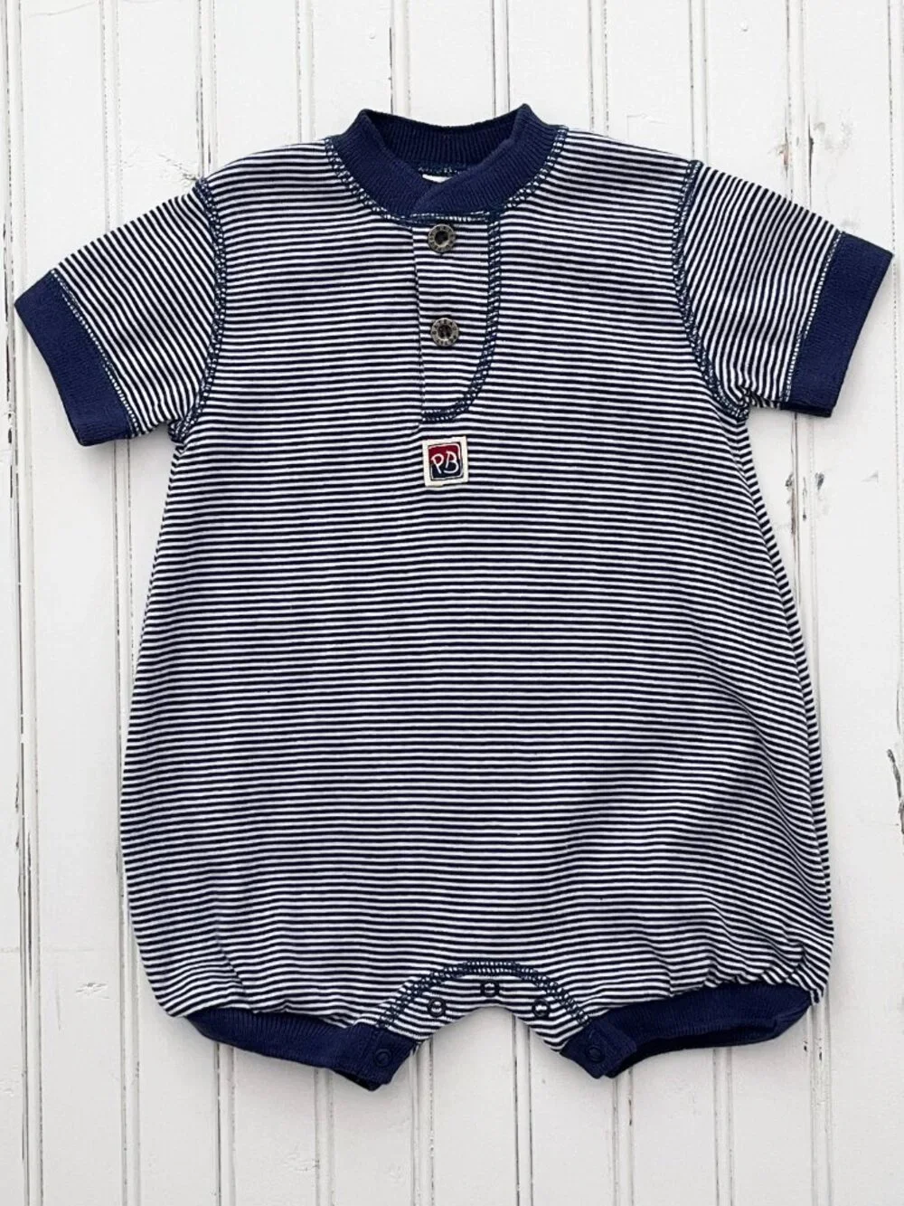 Petit Bateau Romper: Blue Stripe, Shortall, Size 6 Months, Baby Boy Clothes